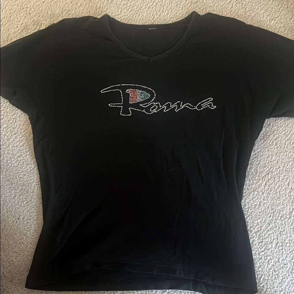 Fitted Black Short Sleeve Tee with “Roma” decal. From a trip to Rome, Italy.